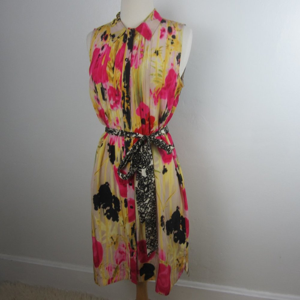 Anthropologie Yellow Pink Black Floral Pleated Midi Dress